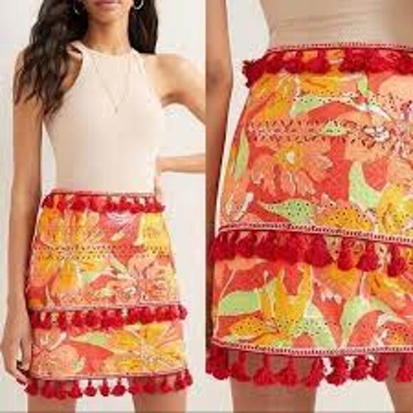 Anthropologie Verb Electra Eyelet Skirt Tropical Bold Floral Women Tassels Small - Picture 1 of 11